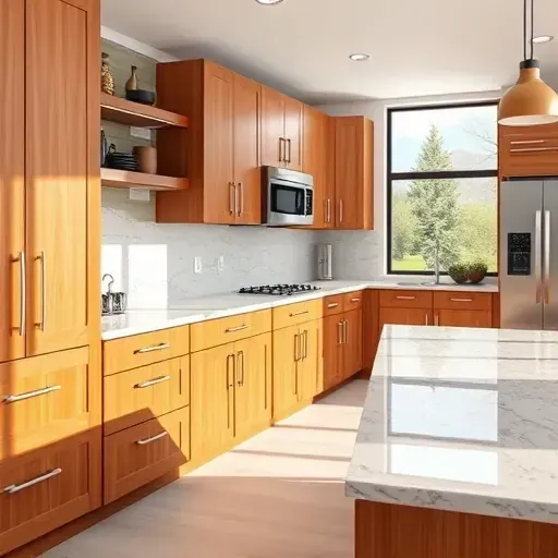 Freshly installed sleek wood kitchen cabinets with polished surfaces, granite countertops, modern appliances, and natural light in Herriman Utah