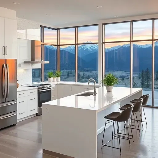 Modern kitchen remodel in Olympus Cove, UT with white cabinetry, quartz countertops, stainless steel appliances, and mountain views.