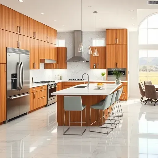 Remodeled Herriman Utah kitchen with warm wood cabinets, white countertops, marble backsplash, stainless appliances, island, pendant lights, ceramic tiles, and open dining area