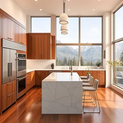 Modern Capitol Hill kitchen with wood cabinets, granite counters, stainless appliances, island, pendant lights, and natural light.