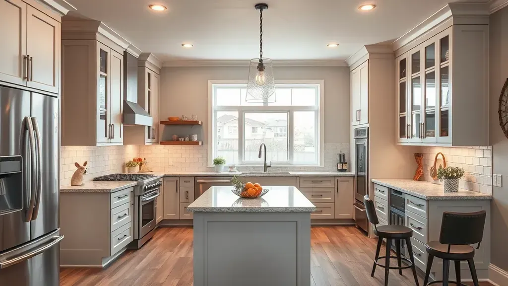 Modern kitchen in Park City, UT featuring sleek matte cabinets, stainless steel appliances, granite island, and mountain views.