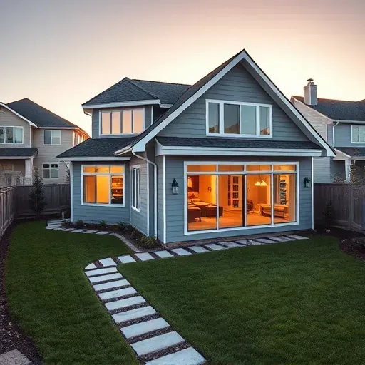 Beautiful home addition in Herriman, UT featuring a modern sunroom, lush yard, stone pathways, and sunset lighting.