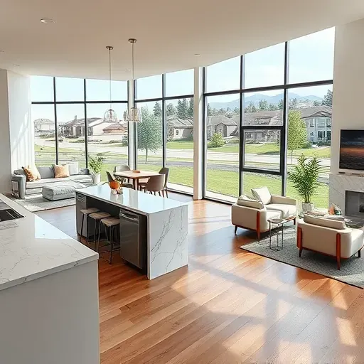 Modern Liberty Wells home interior with hardwood floors, marble kitchen, stylish lighting, and scenic neighborhood views.