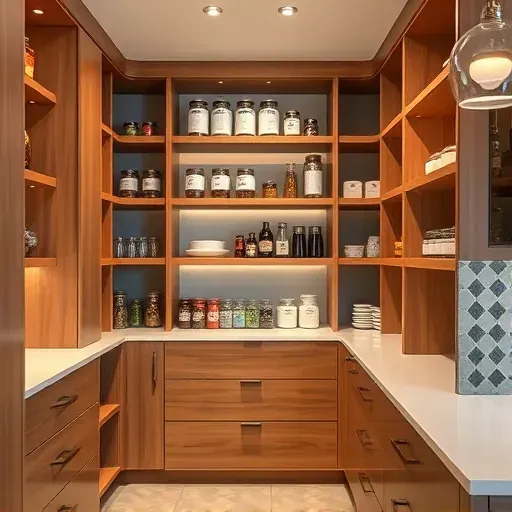 Beautiful modern wooden pantry with organized glass jars and premium food products in a stylish kitchen setting