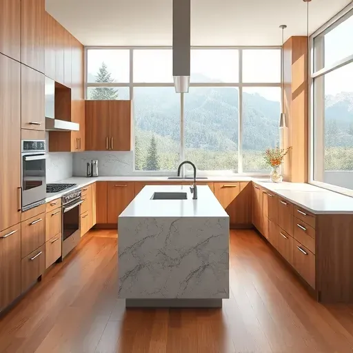 Modern remodeled kitchen in Cottonwood Heights with sleek cabinetry, granite countertops, stainless appliances, and mountain views.