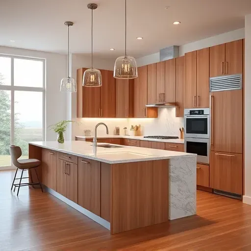 Renovated Highland, UT kitchen with natural wood cabinetry, granite island, stainless appliances, and bright, inviting atmosphere.