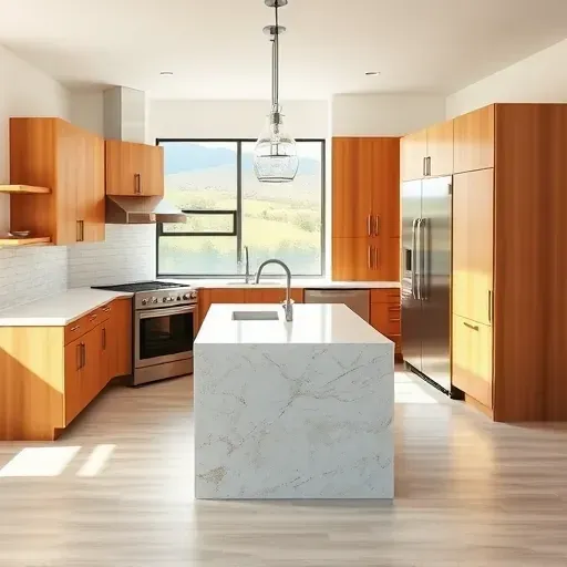 Modern kitchen with granite countertops wooden cabinets stainless steel appliances and a bright view of greenery