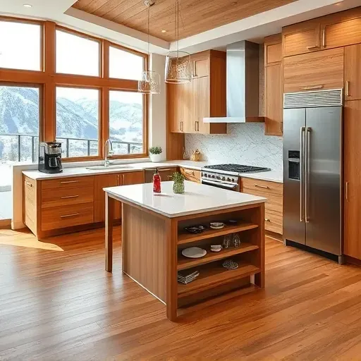 Completed luxury kitchen in Park City, UT with granite counters, stainless appliances, wooden cabinetry, marble island, and mountain views.