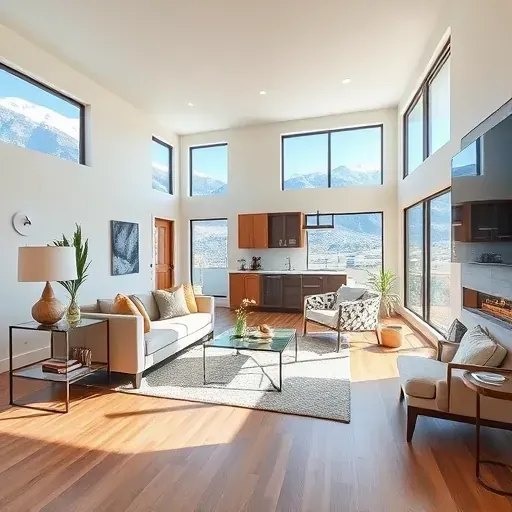 Renovated Jeremy Ranch living room with large windows, hardwood floors, modern furniture, and mountain views.
