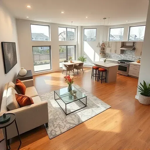 Spacious modern Salt Lake City living room with hardwood floors, large windows, stylish furniture, artwork, and seamless kitchen.