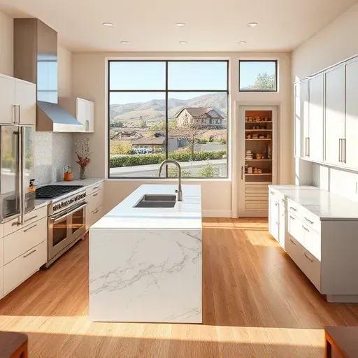 Modern Herriman Utah kitchen with stainless appliances marble island neutral cabinets hardwood floors and scenic neighborhood view