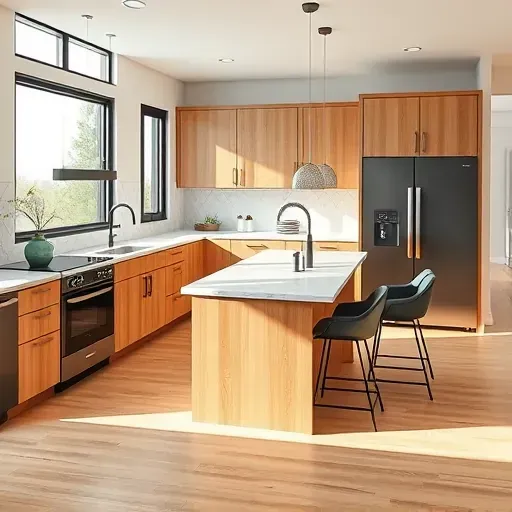 Completed modern kitchen in Daybreak UT with quartz countertops stainless steel appliances natural wood cabinets and large windows