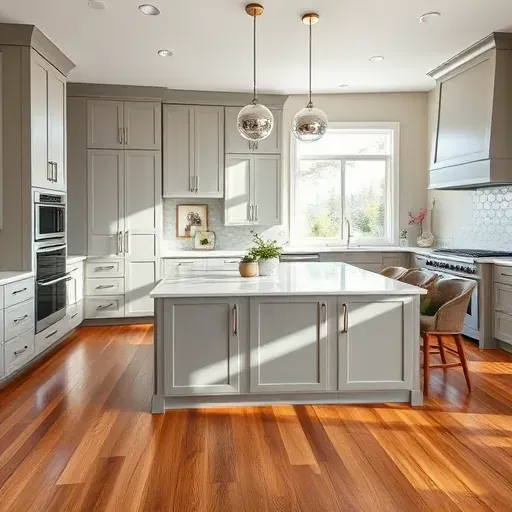 Modern Alpine kitchen remodel with gray cabinetry, quartz island, pendant lights, hardwood floors, and rustic dining area.