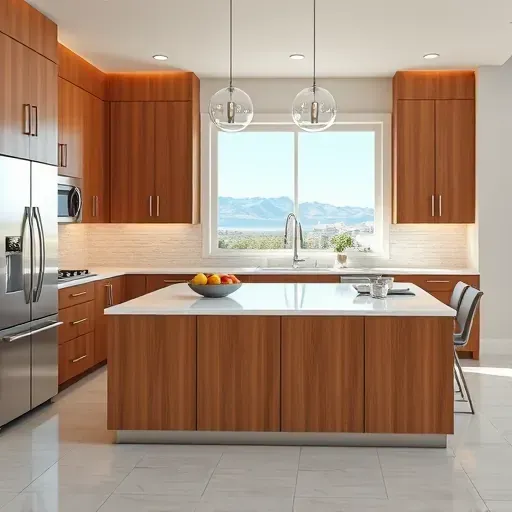 Recently renovated Herriman UT kitchen with modern wood cabinetry, quartz counters, and bright natural light.
