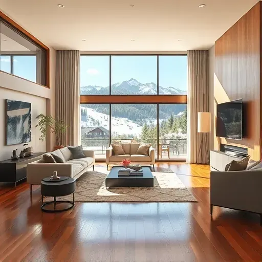 Renovated modern living room in Park City, UT with hardwood floors, custom cabinetry, mountain views, and stylish decor.