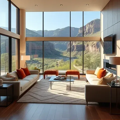 Luxurious renovated living room in Emigration Canyon, UT, with modern furniture, large windows, scenic canyon views, and elegant decor.