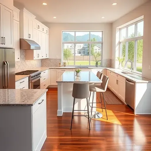 Modern kitchen in 15th and 15th UT featuring polished granite counters, white cabinetry, and large windows with a scenic view.