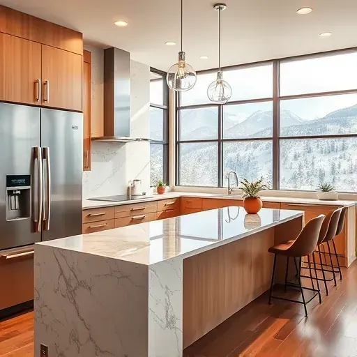 Remodeled luxury kitchen in Park City with modern wood cabinets, marble countertops, stainless steel appliances, and mountain views