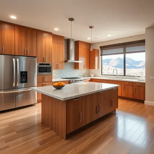 Remodeled Emigration Canyon UT kitchen with warm wood cabinets stainless appliances granite island scenic window view