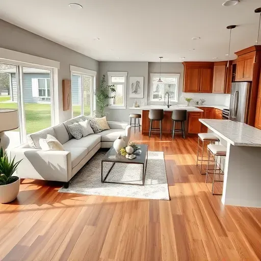 Home remodeling in Liberty Wells UT featuring an elegant living room with modern furnishings, hardwood floors, and a stylish kitchen.