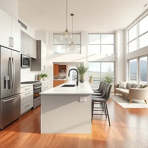 Modern Herriman Utah kitchen with sleek matte cabinetry, stainless appliances, marble island, pendant lights, hardwood floors