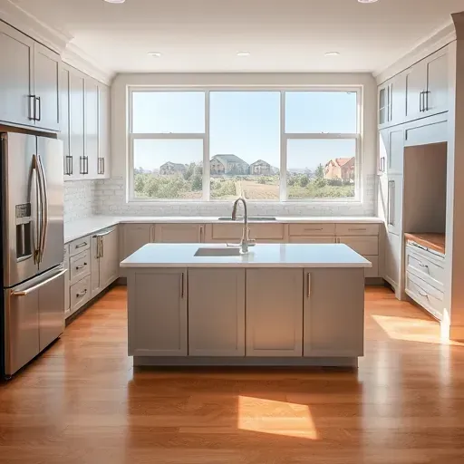 Modern Herriman kitchen with sleek cabinetry, stainless steel appliances, quartz countertops, herringbone tile, hardwood floor.