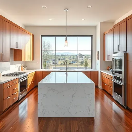 Modern kitchen remodel in Daybreak UT features sleek wood cabinetry, high-end appliances, and a marble island with sunlight.