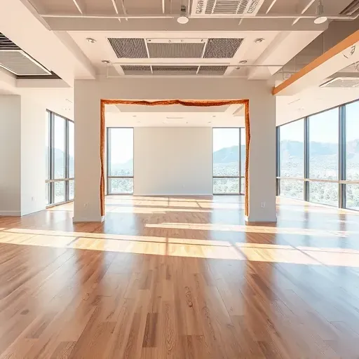 Recently renovated modern office with open space, drywall removal, hardwood floors, large windows, and mountain views