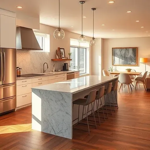 Modern Upper Avenues kitchen with white cabinets, marble island, black hardware, high-end appliances, and natural light.