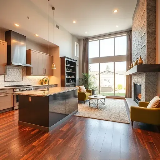 Modern kitchen and living room remodel in North Salt Lake UT with sleek cabinets, granite counters, and warm lighting.