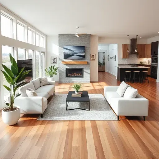 Modern living room in Liberty Wells UT featuring hardwood floors, large windows, chic decor, and a stylish open-concept kitchen.