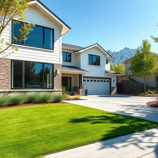 Renovated Harvard-Yale, UT home with modern design, landscaped yard, large windows, and mountain views.