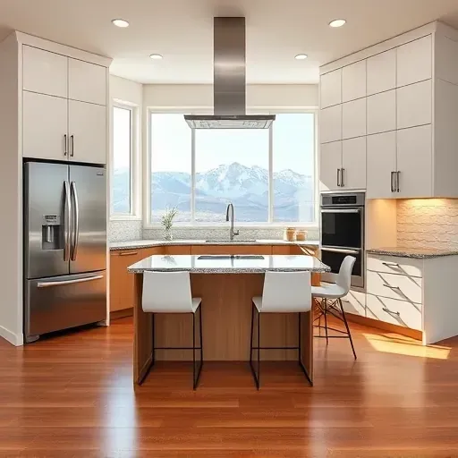 Remodeled Millcreek, UT kitchen with modern matte cabinets, stainless appliances, quartz counters, and mountain views.