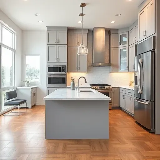 Remodeled Murray Utah kitchen with modern matte cabinetry quartz counters subway tile backsplash stainless steel appliances marble island hardwood floors and natural light