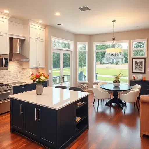 Modern kitchen in South Jordan UT featuring white and navy cabinetry, quartz island, and seamless living area.