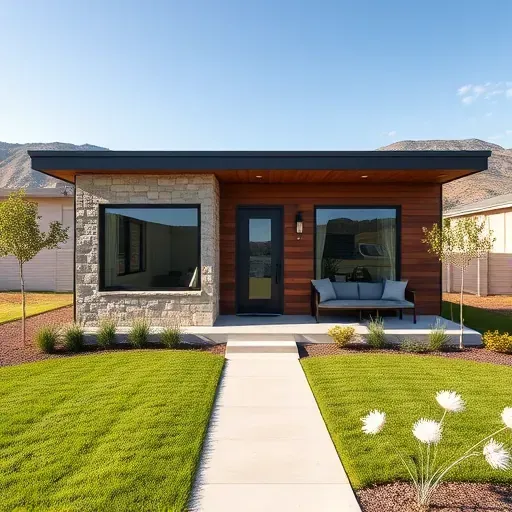 Modern Herriman ADU with stone accents, wood siding, large windows, lush landscaping, and scenic Utah foothills.