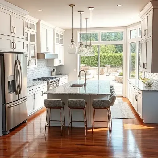Modern Highland kitchen with warm wood cabinets, granite island, high-end appliances, and natural light.