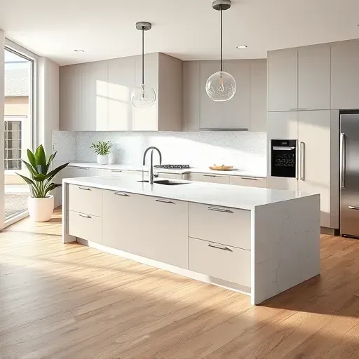 Modern kitchen in Upper Avenues UT with sleek matte cabinets, marble island, stainless steel appliances, natural light, and minimalist decor