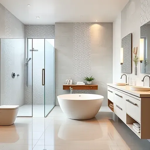 Newly remodeled Herriman Utah bathroom with walk-in shower, freestanding tub, modern vanities, and large frosted windows