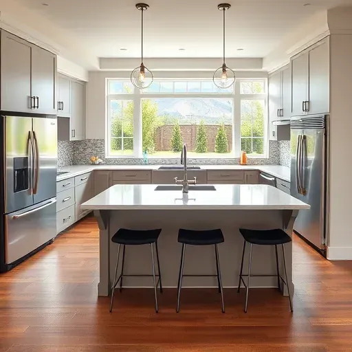 Remodeled Daybreak kitchen with white modern cabinets, quartz countertops, large island, stainless appliances, hardwood floors.
