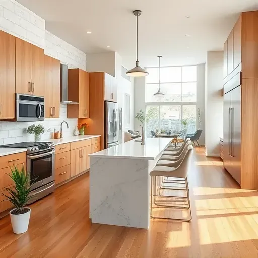 Modern renovated kitchen in West Jordan UT with quartz countertops, marble backsplash, wood cabinetry, stainless steel appliances, and natural sunlight