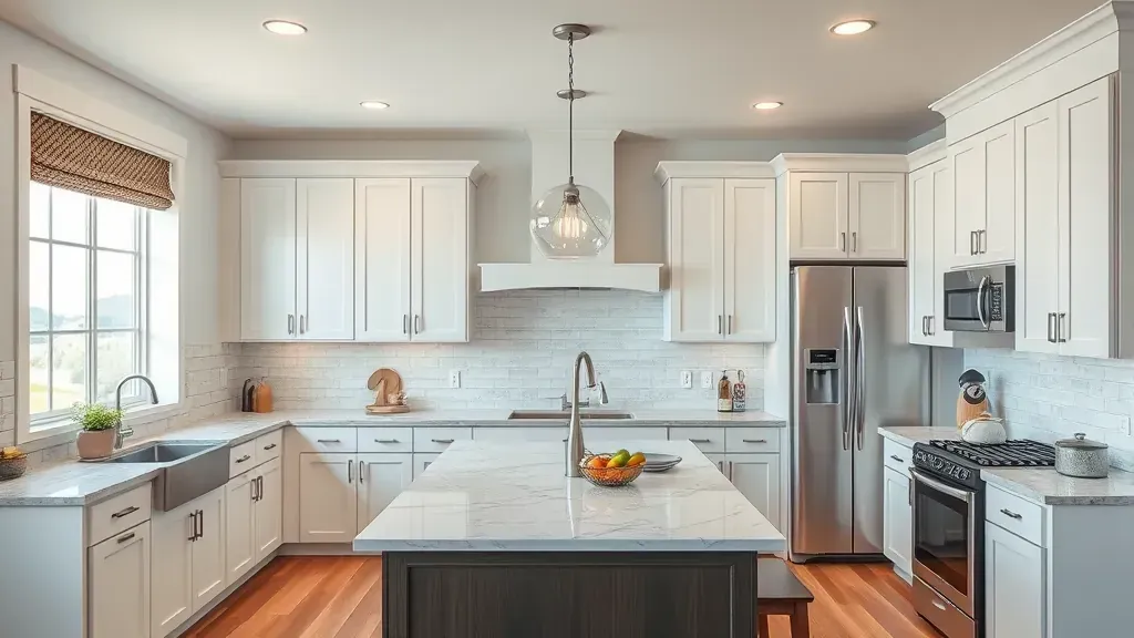 Modern North Salt Lake kitchen with sleek cabinets, quartz island, stainless appliances, and natural lighting.