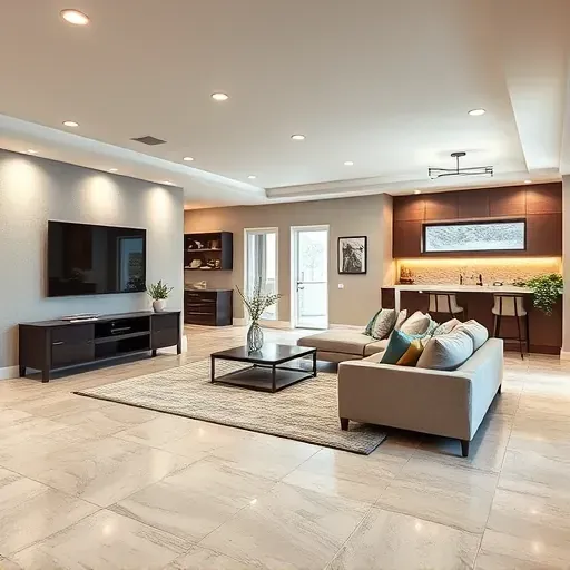 Remodeled Herriman Utah basement with modern design, tiled floors, stylish lighting, cozy seating, entertainment center, and minimalist bar