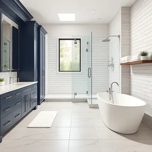 Remodeled Herriman Utah bathroom with navy blue cabinets, marble countertop, glass shower, soaking tub, and modern design