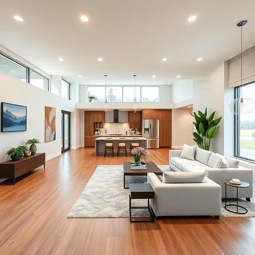 Modern renovated living room with hardwood floors, large windows, stylish furnishings, and an upscale kitchen in Herriman UT