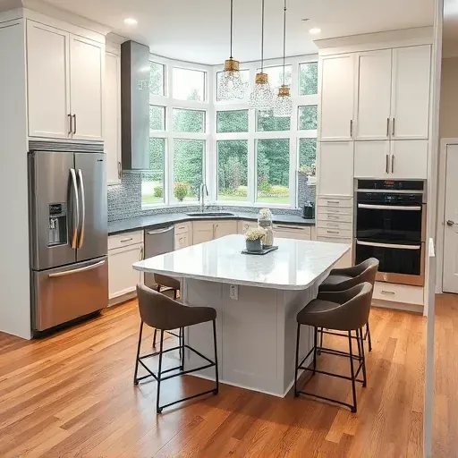 Renovated Murray, UT kitchen with sleek wood cabinetry, granite countertops, stainless steel island, high-end appliances, and natural light.