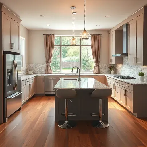 Remodeled modern kitchen in The Avenues Utah with sleek cabinetry granite countertops stainless steel appliances hardwood floors and backyard view