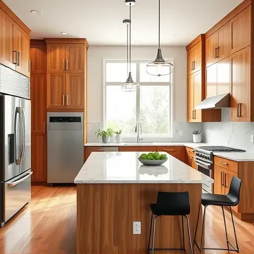 Remodeled Herriman, UT kitchen with warm wood cabinets, stainless steel appliances, marble island, and natural light.
