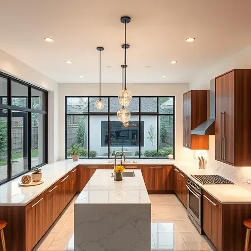 Finished modern kitchen in Herriman UT with sleek lighting fixtures, marble countertops, wooden cabinets, and stainless steel appliances.