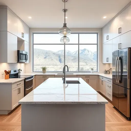 renovated kitchen in Herriman UT with modern cabinetry granite island stainless steel appliances and mountain view
